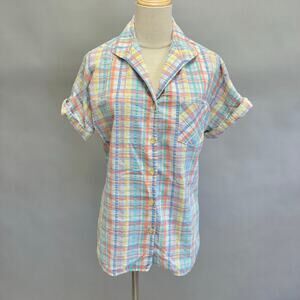 Vintage 80s plaid pastel seersucker roll short sleeve button up top small/medium